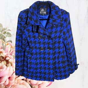 Dereon Houndstooth Wool Pea Coat Blue and Black Y2K 2008 Line Sz XS